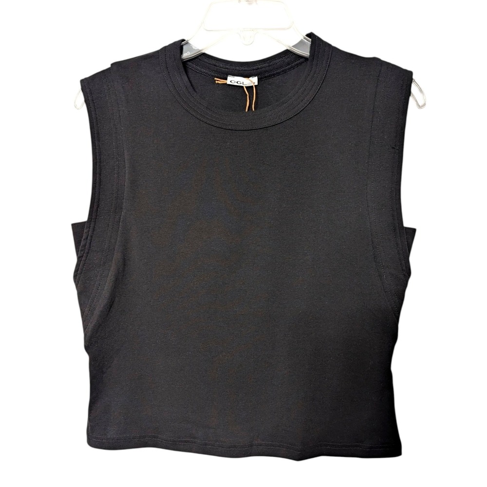 OGL Move Black Soft Cotton Lyocell Cropped Wide Shoulder Muscle Tank Crew Neck M